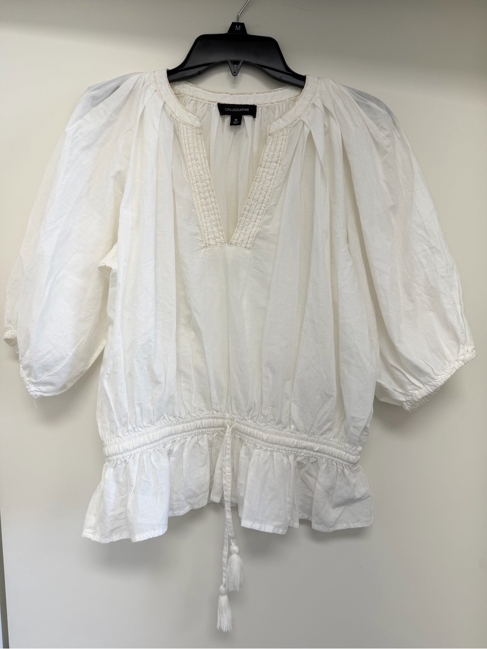 Calligraphie White Cotton Top with Tassel tie - Medium